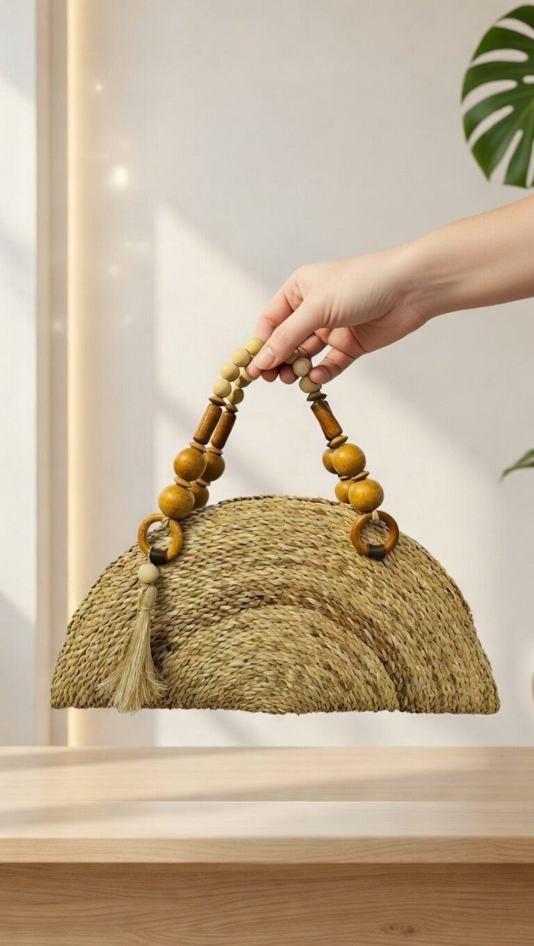 Handcrafted Banana Fiber Pouch Handbag with Teak Wood Handle