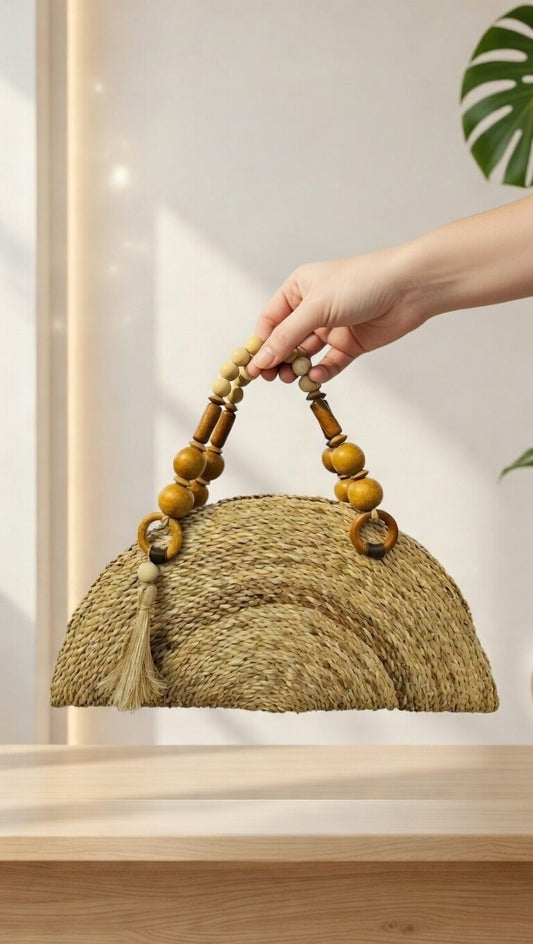 Handcrafted Banana Fiber Pouch Handbag with Teak Wood Handle